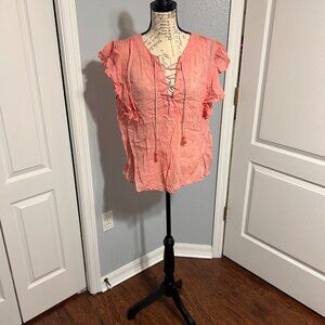 Caslon Womens Large Coral Sheer Blouse Lightweight Flowy Top
